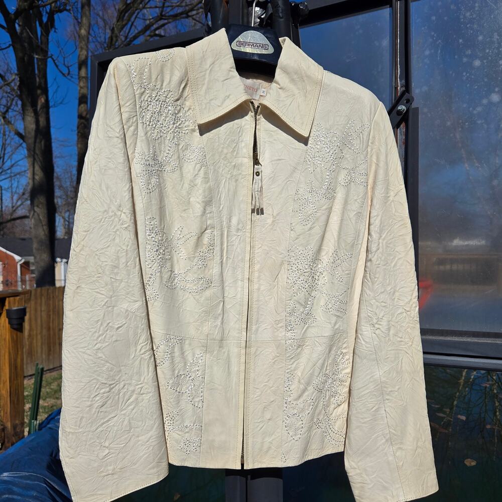 Womens Ivory Leather Jacket Medium Embroidered Floral 100% Real Leather